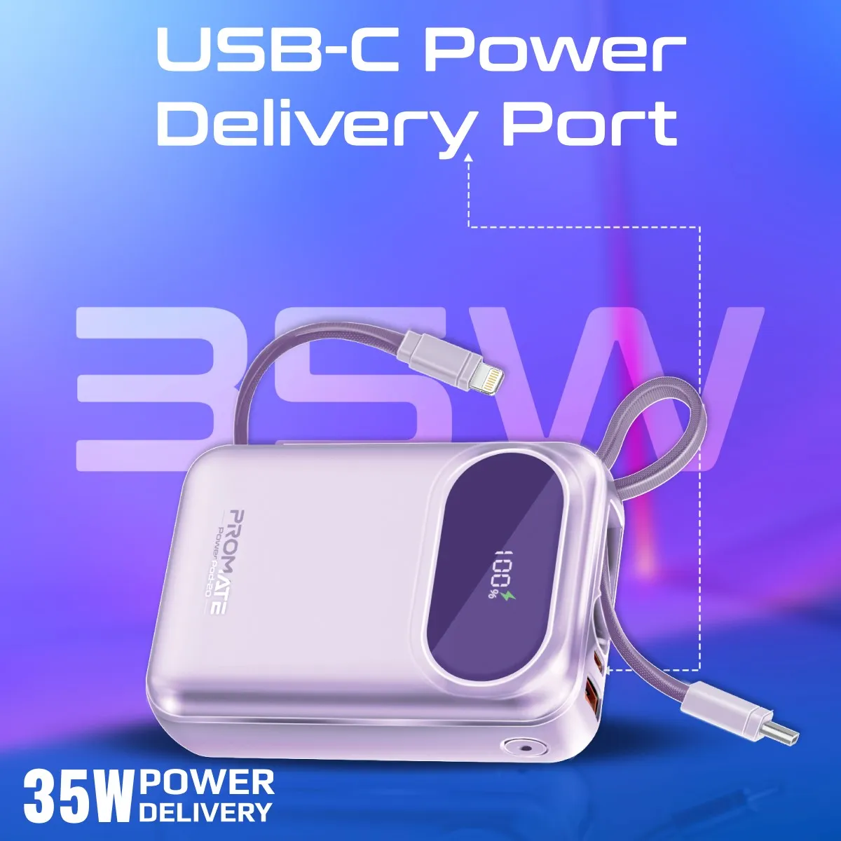 Ultra Compact 35W SuperSpeed™ Power Bank with Built-In USB-C & Lightning Cable