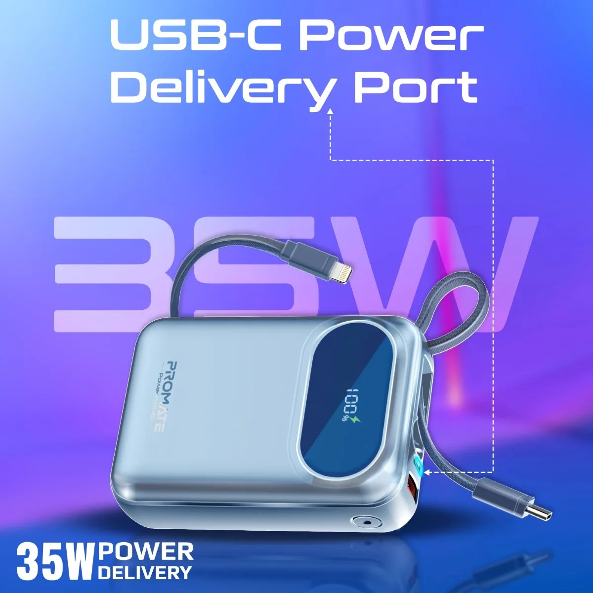 Ultra Compact 35W SuperSpeed™ Power Bank with Built-In USB-C & Lightning Cable