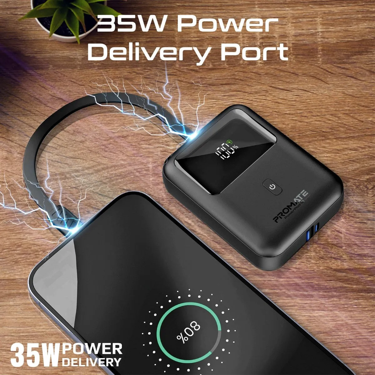 Ultra Compact 35W SuperSpeed™ Power Bank with Built-In USB-C Cable