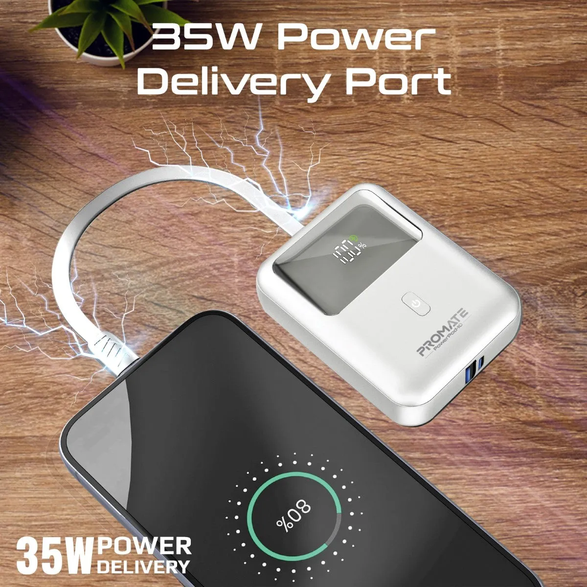 Ultra Compact 35W SuperSpeed™ Power Bank with Built-In USB-C Cable