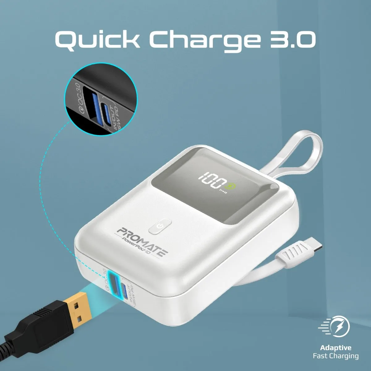 Ultra Compact 35W SuperSpeed™ Power Bank with Built-In USB-C Cable