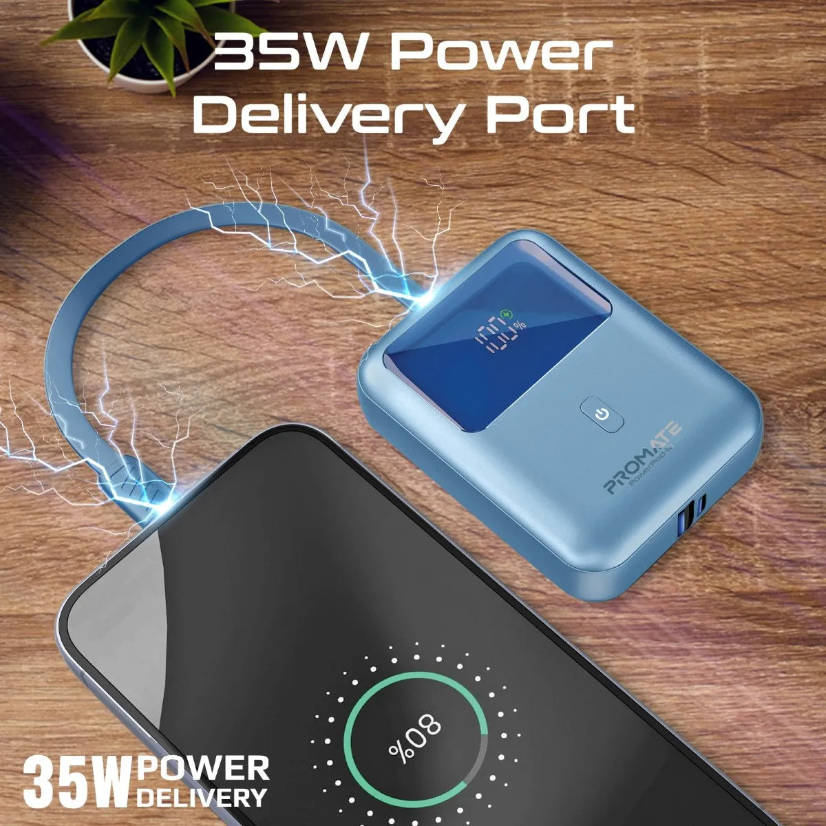 Ultra Compact 35W SuperSpeed™ Power Bank with Built-In USB-C Cable