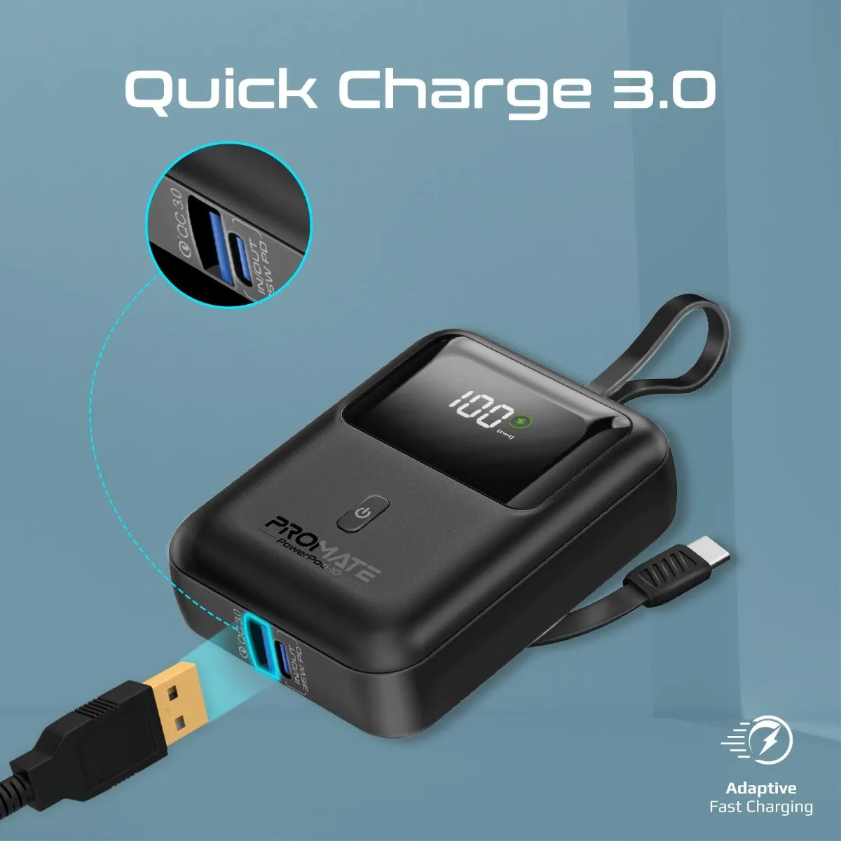 Ultra Compact 35W SuperSpeed™ Power Bank with Built-In USB-C Cable