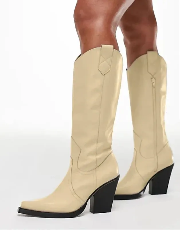 Unisex Knee High Cowboy Boots with Pointed Toe and Wedge Heels