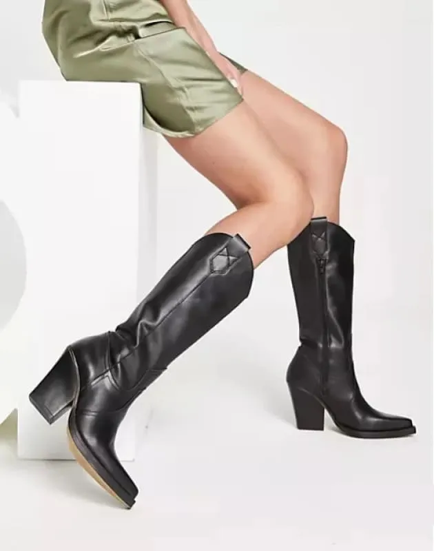 Unisex Knee High Cowboy Boots with Pointed Toe and Wedge Heels