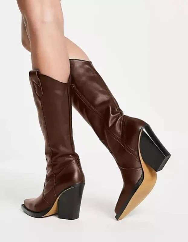 Unisex Knee High Cowboy Boots with Pointed Toe and Wedge Heels