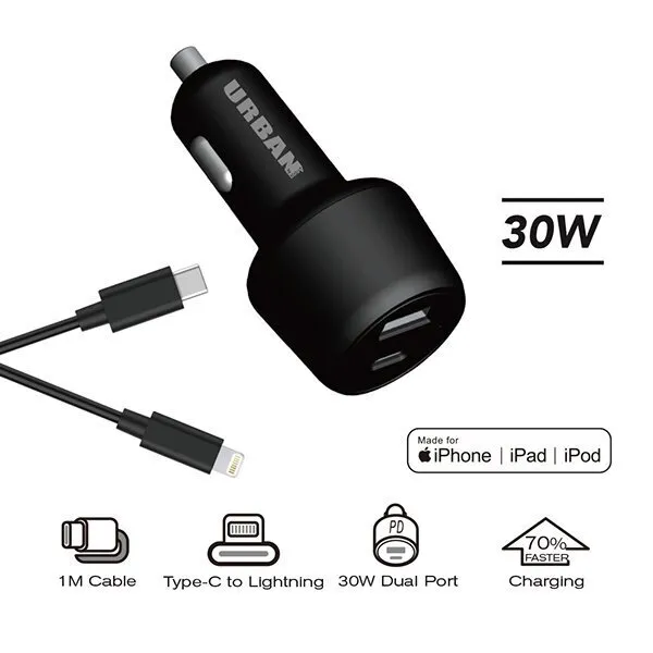 Urban 30w Dual Port Car Charger with 1m Cable (Black)