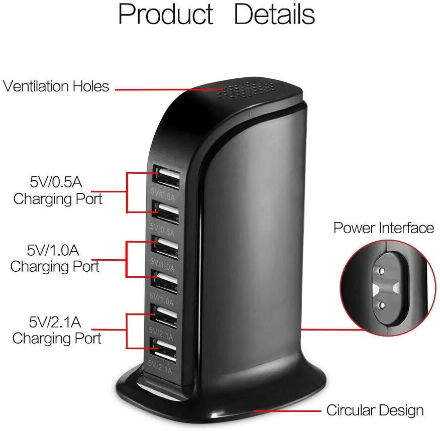 USB Charger 6 USB Tower 30W Multi 6-Port Desktop Travel Hub Usb Charger Block Tower Charging Station Power Adapter