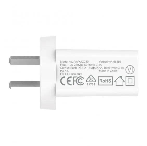 Verbatim Essentials USB Charger Dual Port 3.4A White