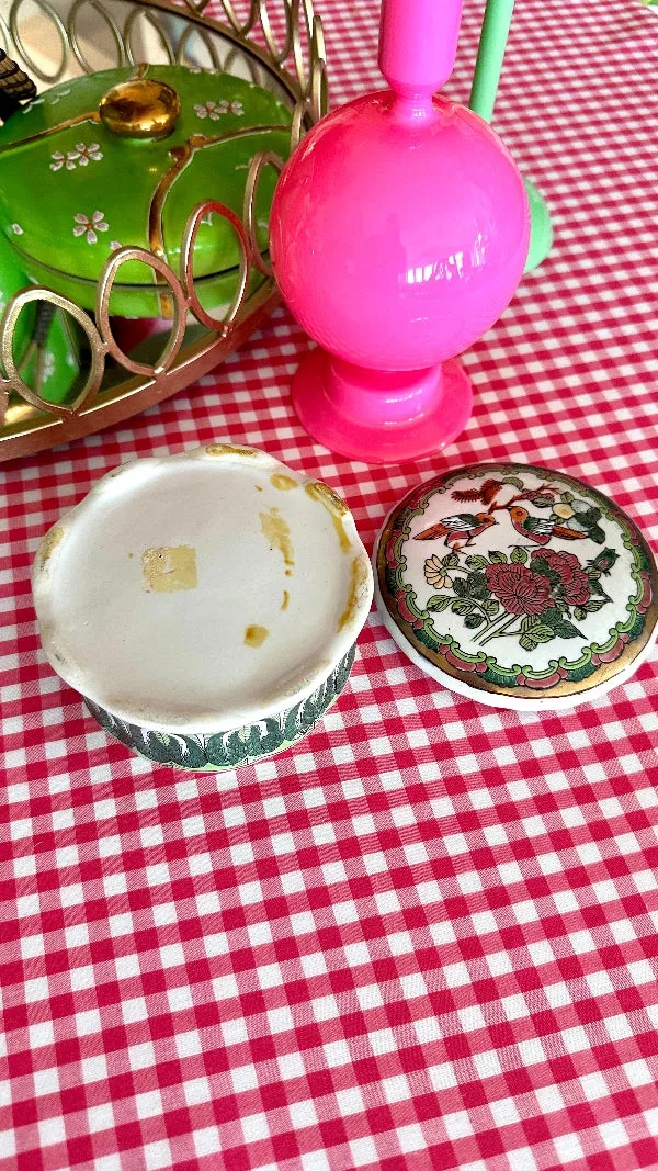 Vintage Bok Choy Lidded Dish, Porcelain Box,Hand Painted, Pink and Green Bird Motif