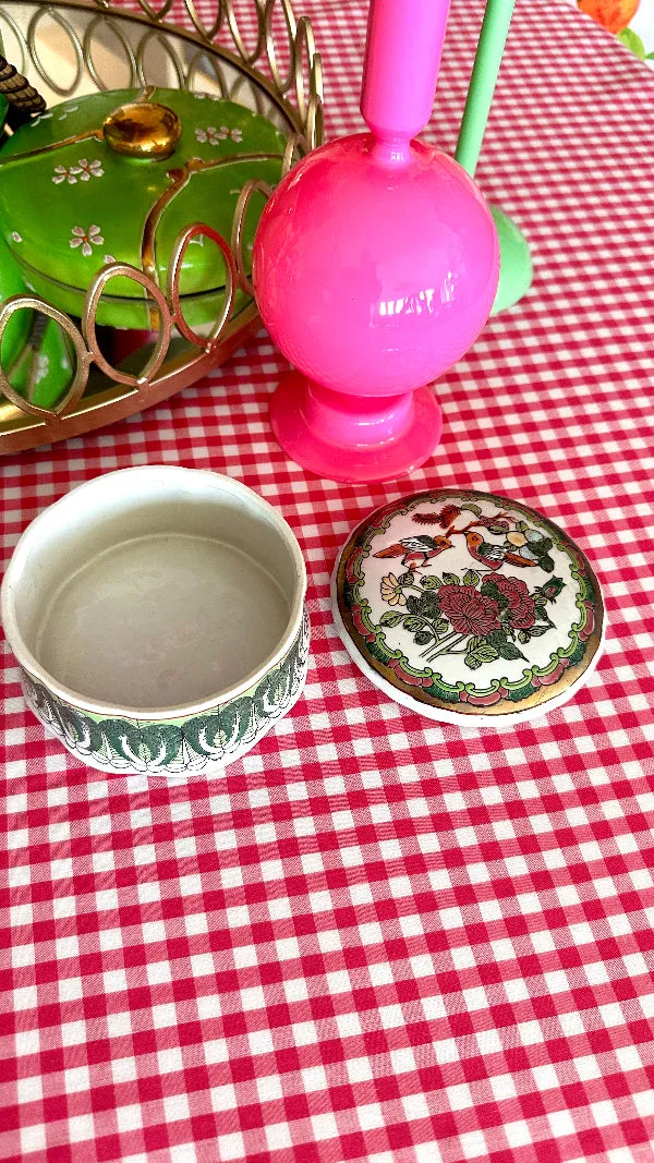 Vintage Bok Choy Lidded Dish, Porcelain Box,Hand Painted, Pink and Green Bird Motif