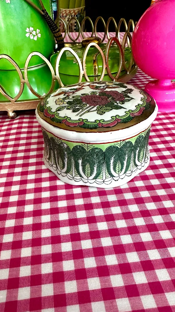 Vintage Bok Choy Lidded Dish, Porcelain Box,Hand Painted, Pink and Green Bird Motif