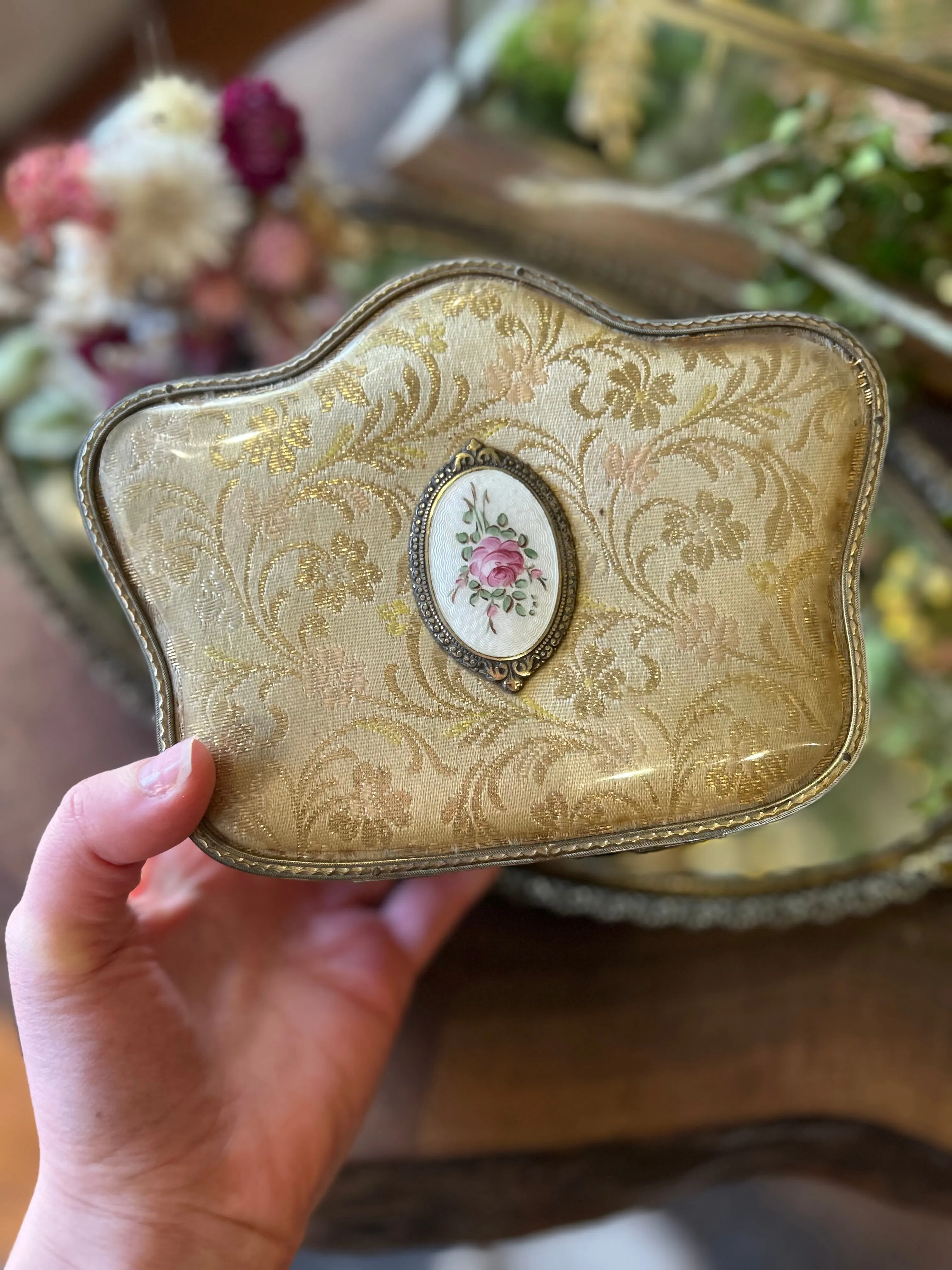 Vintage Guilloche Filigree Floral Jewelry Box